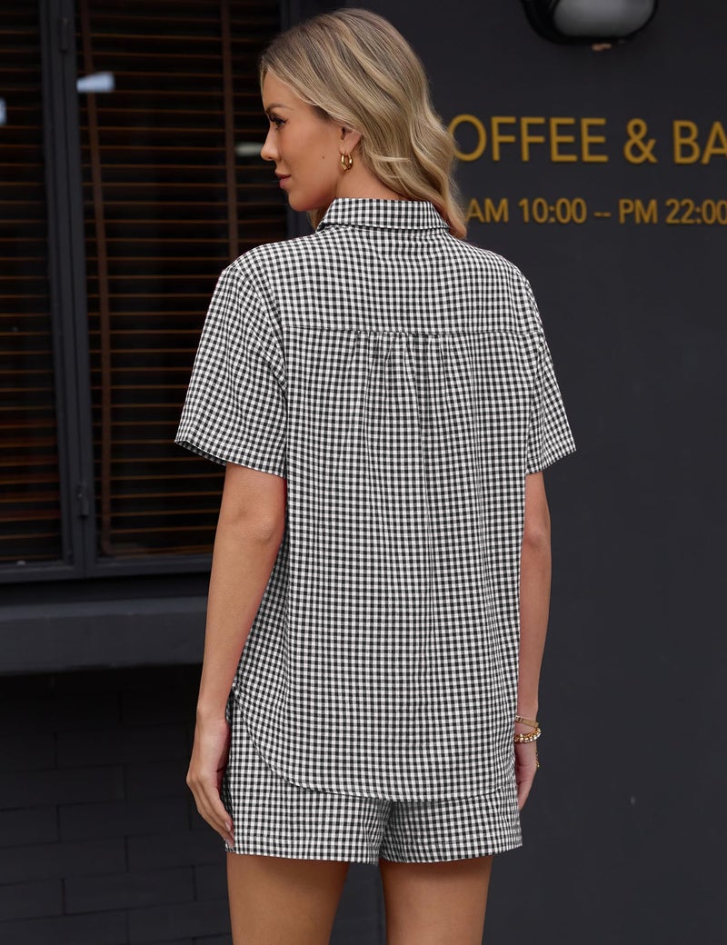 Rapbin Women 2 Piece Short Sleeve Summer Cotton Sets Matching Vacation Gingham Sets Casual Two Piece Plaid Shirt and Shorts Set Black and white plaidï¼ˆcottonï¼‰ M - Image 5