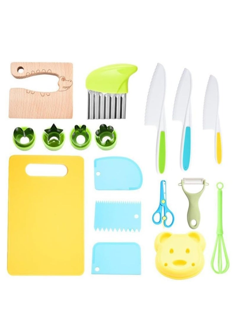 Sylqvxh 17 Pcs Kids Knife Set, Wooden Toddler Kitchen Tools Children Safe Knives for Real Cooking with Plastic Toddler Knife, Cutting Board, Y Peeler, Crinkle Cutter, Cake Scraper, Sandwich Cutter - Image 1