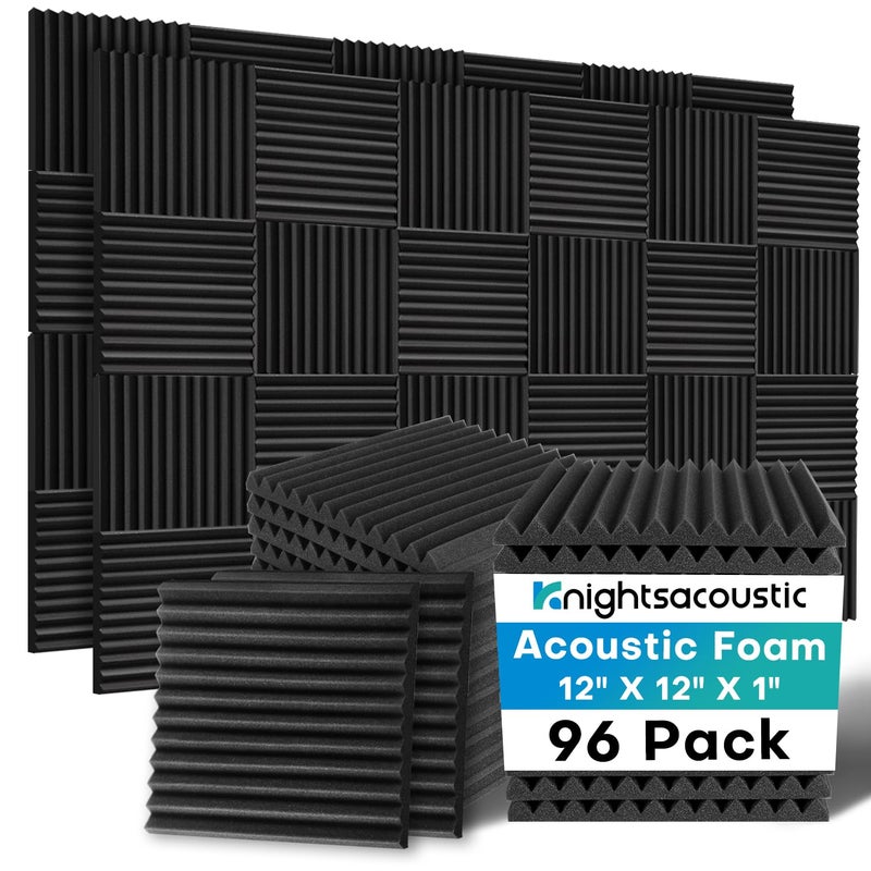 Knightsacoustic 96 Pack Sound Proof Foam Panels for Walls, 1 X 12 X 12 Inches Acoustic Foam Panels, High Density Acoustic Panels Sound Absorbing, Black Noise Cancelling Studio Wedges(NOT ADHESIVE) - Image 1