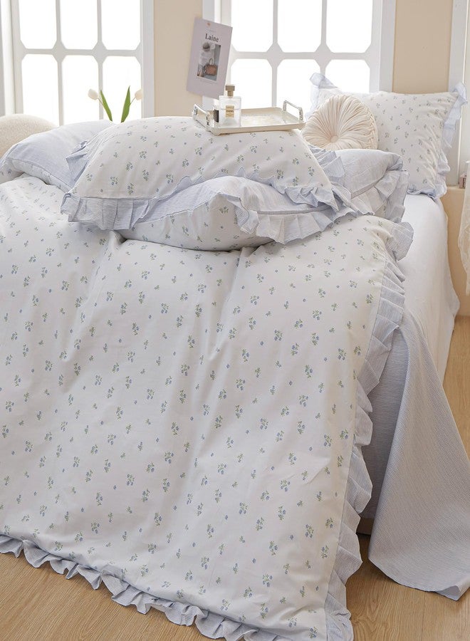 AMZTOP Chic Blue Ruffle Floral 100% Cotton Duvet Cover Queen Size Set, 3Pcs Teen Girls Flower Comforter Cover with Zipper Closure, Princess Bedding Sets 90"x90" No Comforter - Image 4