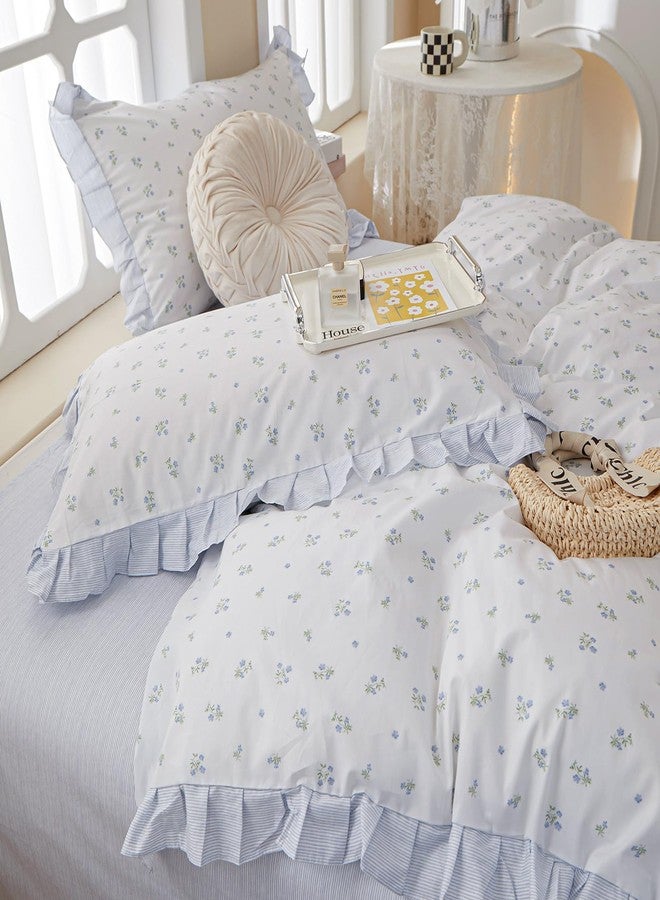 AMZTOP Chic Blue Ruffle Floral 100% Cotton Duvet Cover Queen Size Set, 3Pcs Teen Girls Flower Comforter Cover with Zipper Closure, Princess Bedding Sets 90"x90" No Comforter - Image 2