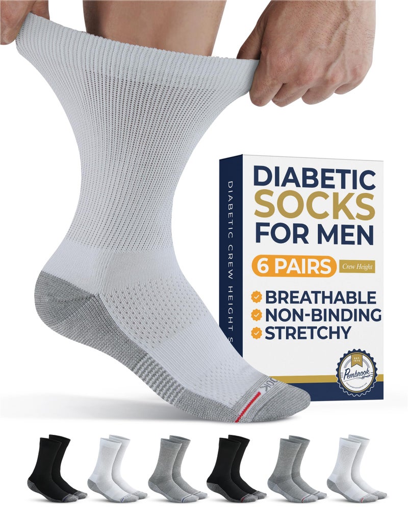 Pembrook Diabetic Socks for Men - 6 Pairs Crew Diabetic Socks for Men 9-12, Neuropathy and Edema, Black, White, Gray (with designs) - Image 1
