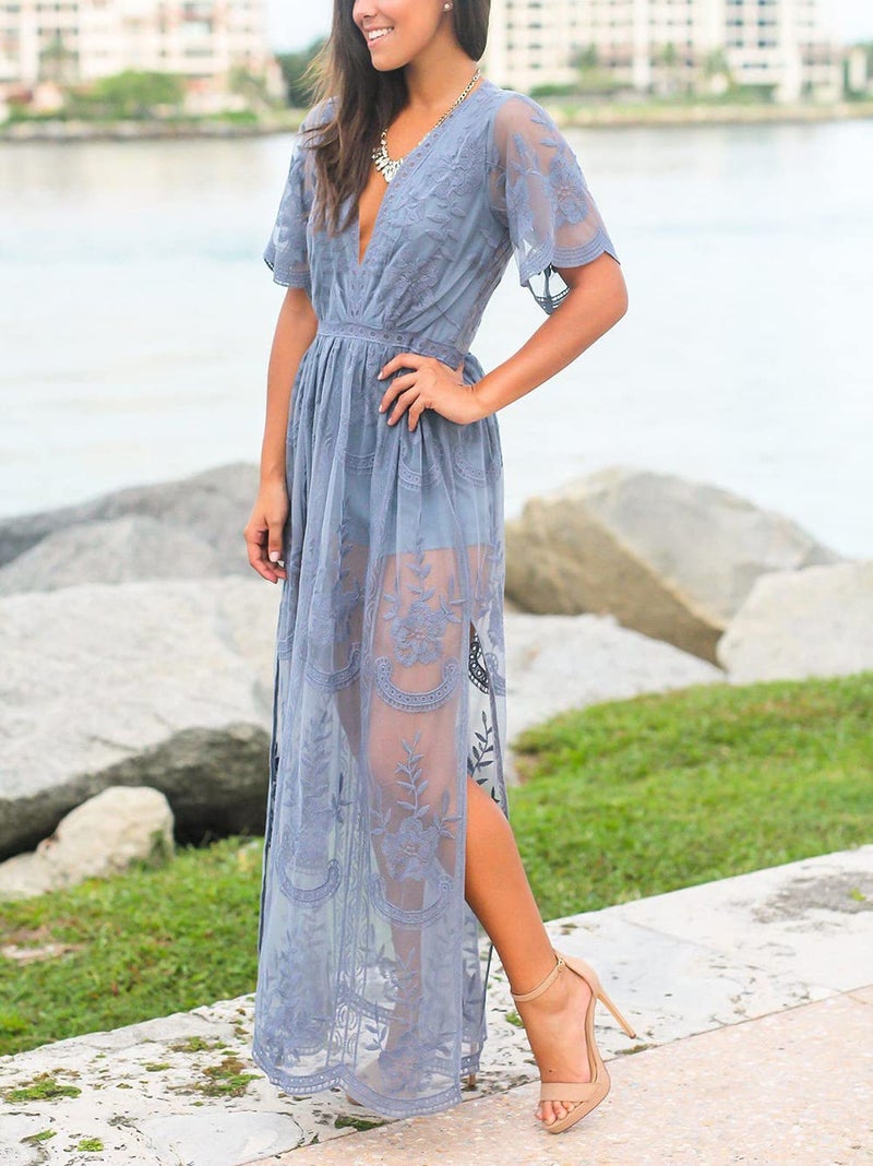 Eleter Women's Romper Dress Floral Lace Cocktail Dress V Neck Short Sleeve Flowy Boho Beach Bridesmaids Maxi Dress(S,Dusty Blue) - Image 3