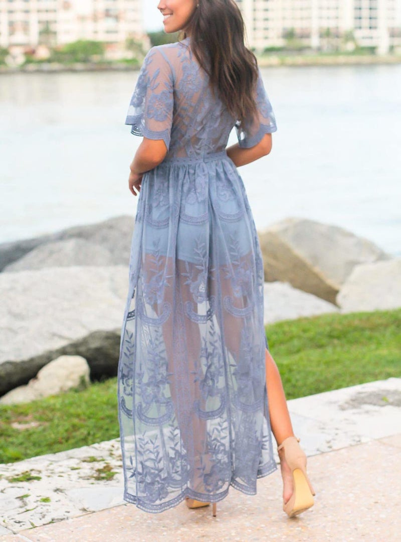 Eleter Women's Romper Dress Floral Lace Cocktail Dress V Neck Short Sleeve Flowy Boho Beach Bridesmaids Maxi Dress(S,Dusty Blue) - Image 5