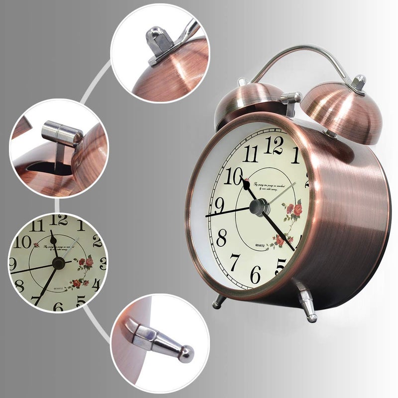 Lunaoo Silent Analog Vintage Retro Alarm Clock With Light - 3" Double Bell Loud Sound, No Ticking - Image 4