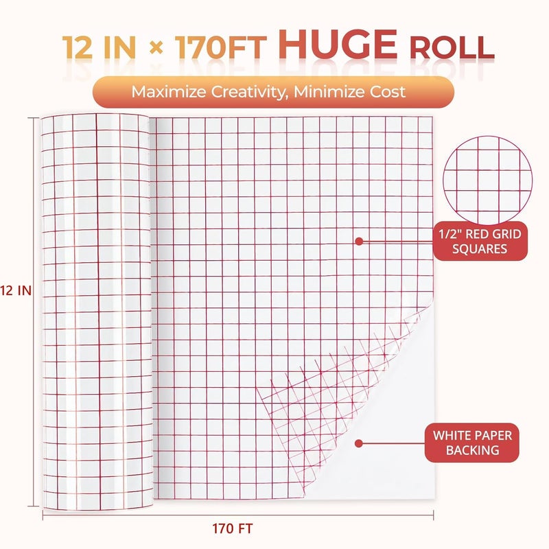YRYM HT Transfer Tape for Vinyl - 12" x 170 FT w/Red Alignment Grid Transfer Tape for Permanent Vinyl, Medium Tack Transfer Paper for Signs Stickers Decals Walls Doors & Windows - Image 3