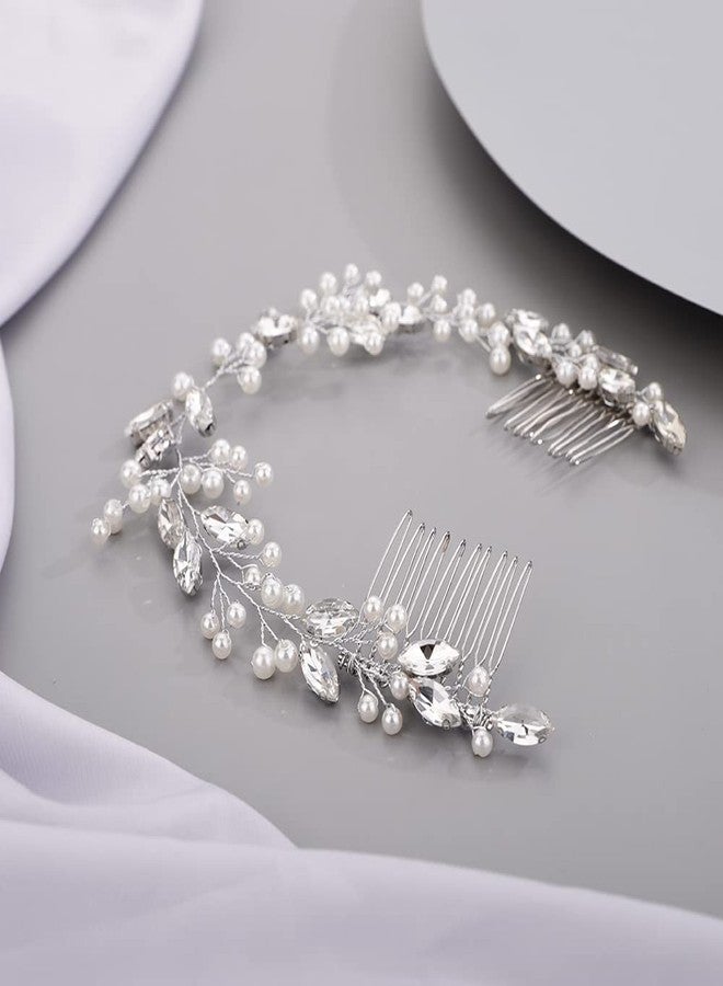 BERYUAN Hair Vine for Women Bridal Hair Comb for Bride Pearls Crystal Hair Comb Slide SILVER - Image 3