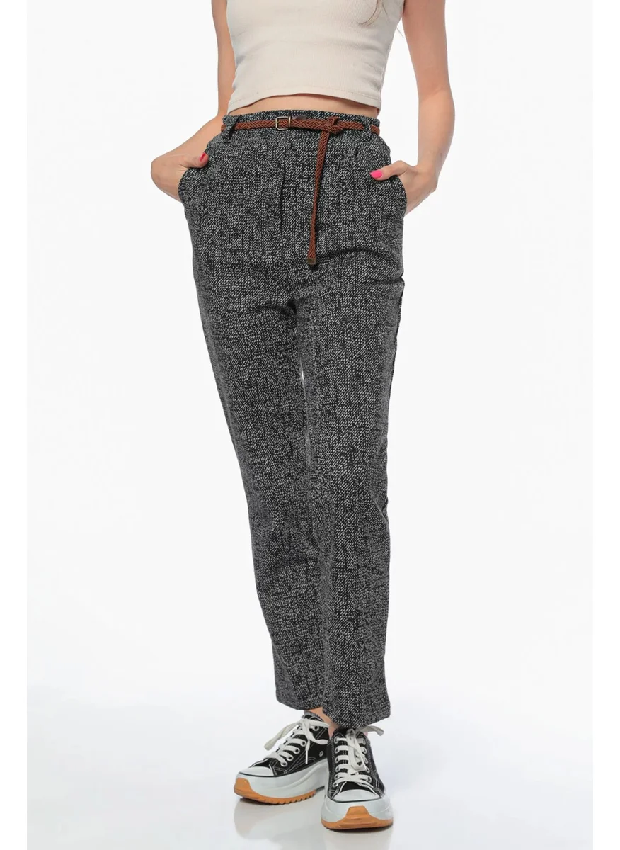 Gülseli Women's High Waist Self-Patterned Belted Winter Trousers