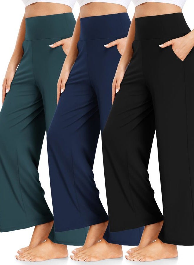 FULLSOFT 3 Pack Women's Wide Leg Yoga Pants Comfy Loose Sweatpants High Waisted Lounge Casual Workout Joggers Pants with Pockets(Black,Dark Green,Navy Blue,Medium) - Image 1