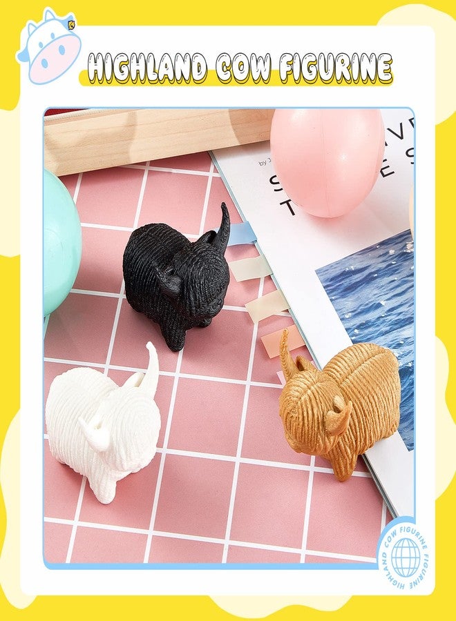 Henoyso 3 Pcs Mini Highland Cow Figurine Highland Cow Decor Cow Western Cow Office Decor Highland Gift Cow Nursery Stuff Cow Decoration Bathroom Office Nursery Desk, Black Tan and White - Image 3
