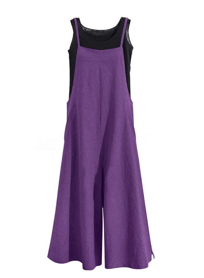 YESNO Women Casual Loose Long Bib Pants Wide Leg Jumpsuits Baggy Cotton Rompers Overalls with Pockets PZZTYP2 (XL PZZTYP2 Purple) - Image 1