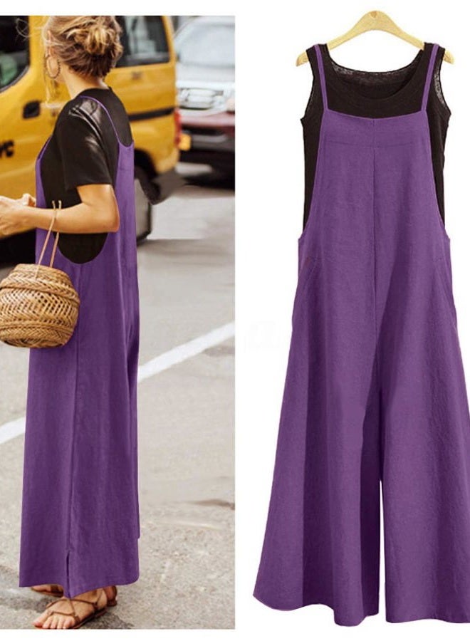 YESNO Women Casual Loose Long Bib Pants Wide Leg Jumpsuits Baggy Cotton Rompers Overalls with Pockets PZZTYP2 (XL PZZTYP2 Purple) - Image 3