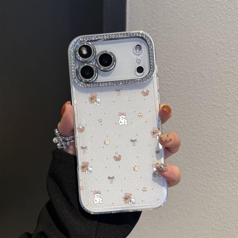 غطاء هاتف لطيف كرتوني لدب وأرنب أبيض لـ iPhone 15 مع فيونكة وأحجار كريمة لحماية العدسة - Image 1