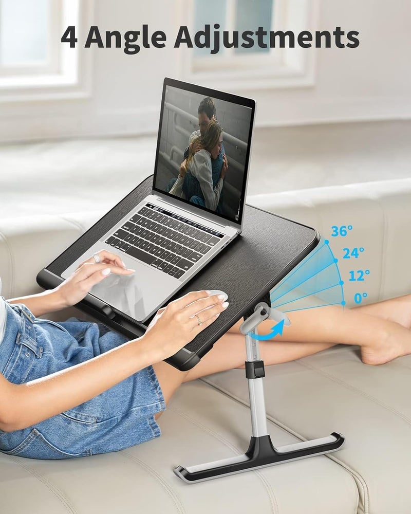 سايجي طاولة الكمبيوتر المحمول للسرير، لوح خشب إيكولوجي E0 بنسبة 100% من ، طاولة سرير قابلة للتعديل، مع درج، أرجل قابلة للطي، سعة تحميل 40 كجم، سطح طاولة من جلد PVC للقراءة وتناول الطعام على السرير والأريكة - Image 4