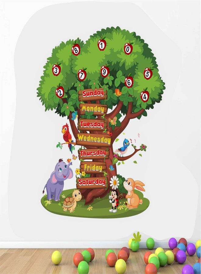 DREAM DECALS Week Name Tree Number One Two Three Baby Kids Rooms School Nursery Education Birds Cartoon Animals Wall Sticker (PVC Vinyl 120x110 cm) - Image 1