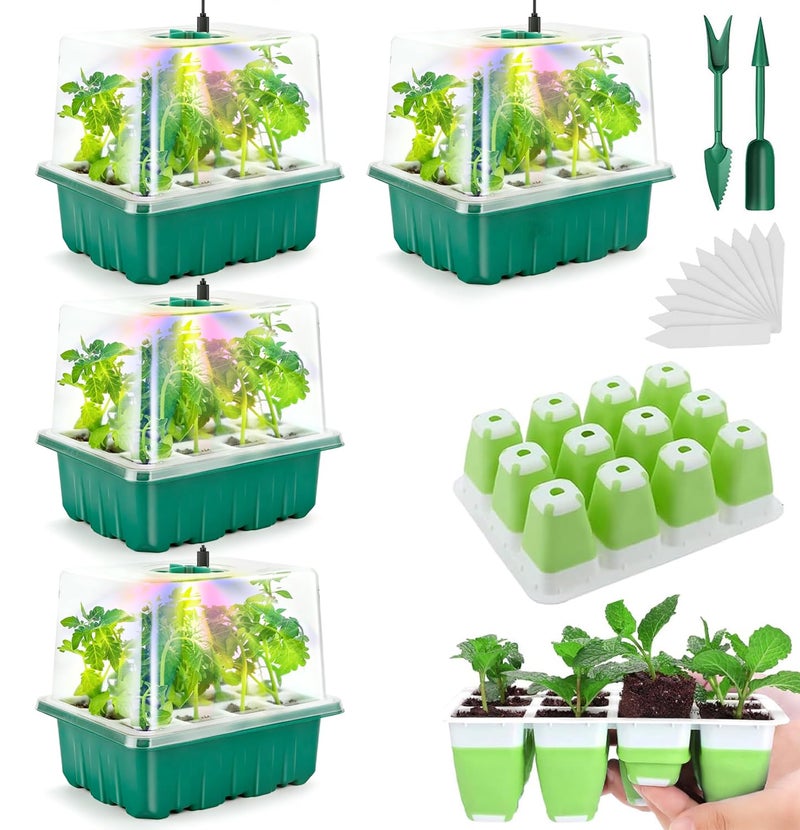 Ryscam Seed Starter Tray with Grow Light, 48 Cells Indoor Seed Starter Kit, Flexible Silicone Seedling Starter Trays, Germination Tray Kit with Humidity Dome & Lids(4in Height), Reusable & Dishwasher Safe - Image 1