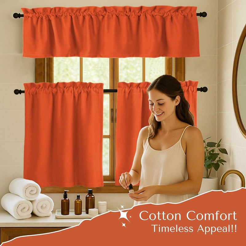 Native Fab 3 Piece Window Curtain Tiers 26"x36" and Valance 54"x18" Set - Rod Pocket - Semi Sheer - Short Curtain for Kitchen, Cafe, Living Room - Orange - Image 2
