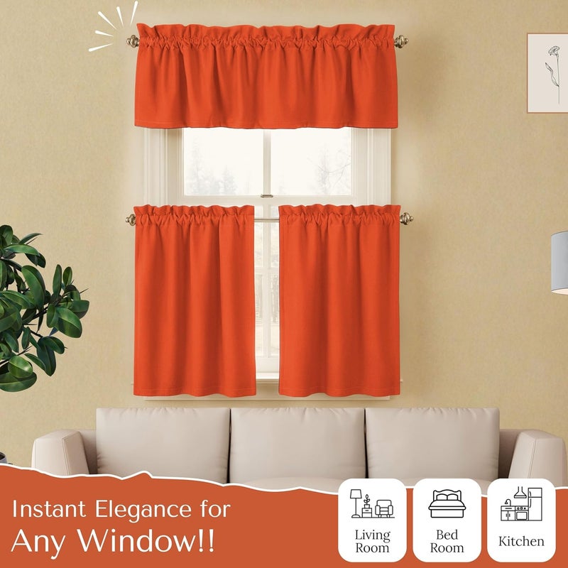 Native Fab 3 Piece Window Curtain Tiers 26"x36" and Valance 54"x18" Set - Rod Pocket - Semi Sheer - Short Curtain for Kitchen, Cafe, Living Room - Orange - Image 5