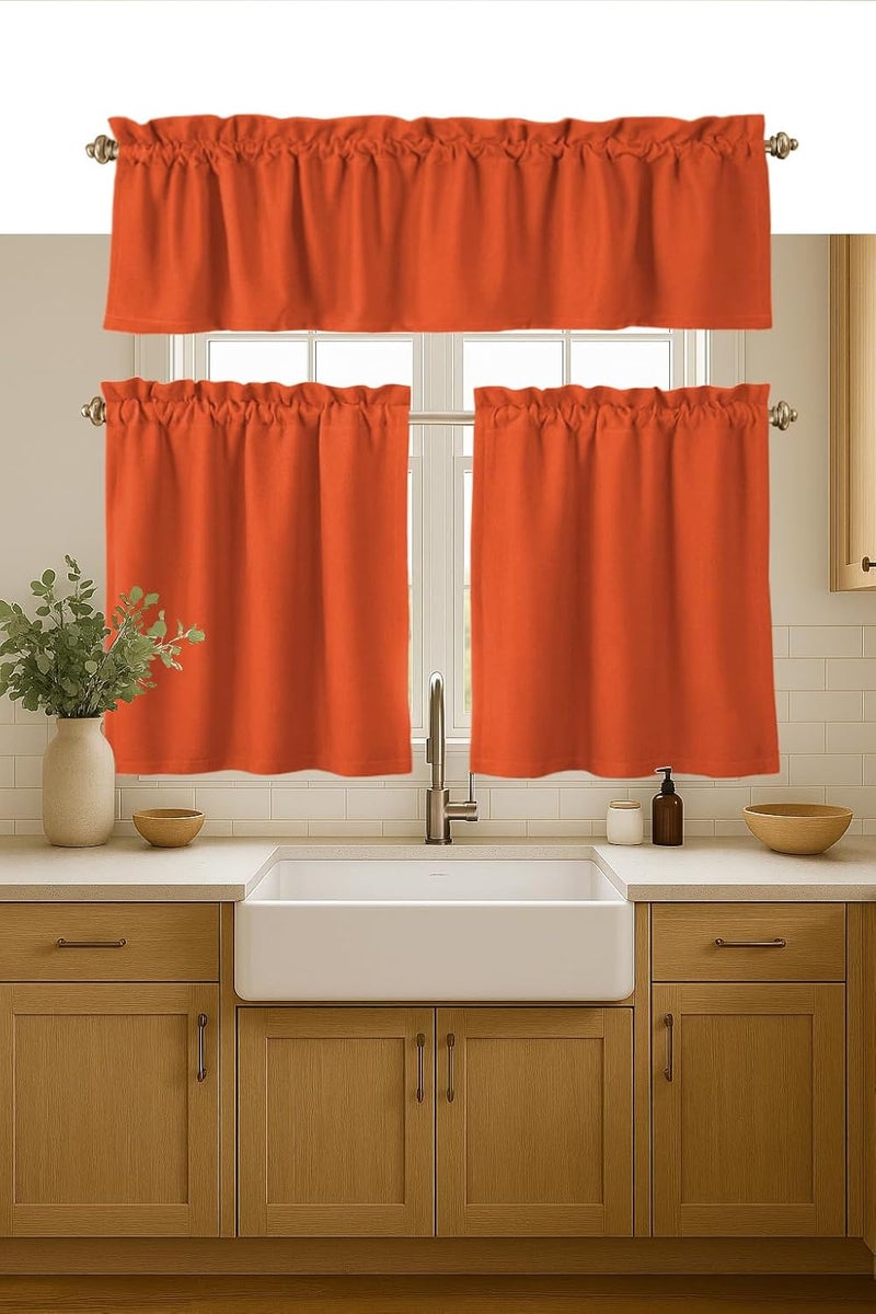 Native Fab 3 Piece Window Curtain Tiers 26"x36" and Valance 54"x18" Set - Rod Pocket - Semi Sheer - Short Curtain for Kitchen, Cafe, Living Room - Orange - Image 1