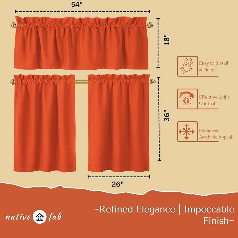 Native Fab 3 Piece Window Curtain Tiers 26"x36" and Valance 54"x18" Set - Rod Pocket - Semi Sheer - Short Curtain for Kitchen, Cafe, Living Room - Orange - Image 4