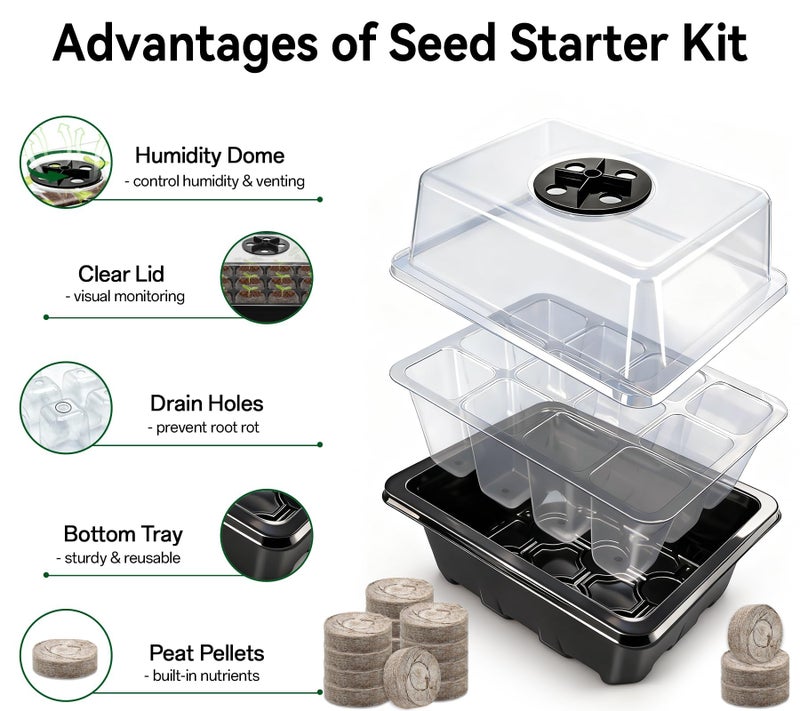 Halatool 4 Pack Seed Starter Tray with 50 PCS Peat Pellets, 48 Cells Black Seeding Starter Trays for Organic Seed Starter Soil Pods for Planting Vegetables Plants Flowers - Starting Seeds Kit - Image 2