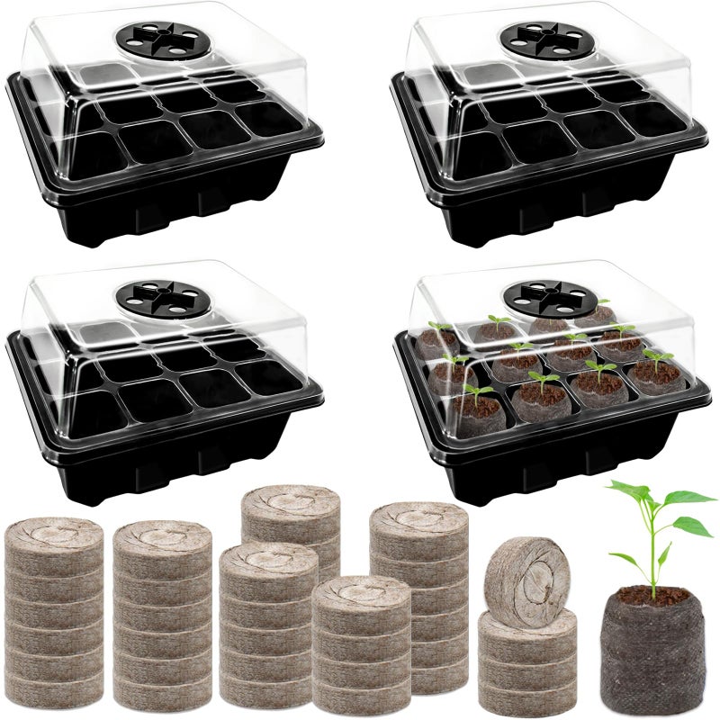 Halatool 4 Pack Seed Starter Tray with 50 PCS Peat Pellets, 48 Cells Black Seeding Starter Trays for Organic Seed Starter Soil Pods for Planting Vegetables Plants Flowers - Starting Seeds Kit - Image 1