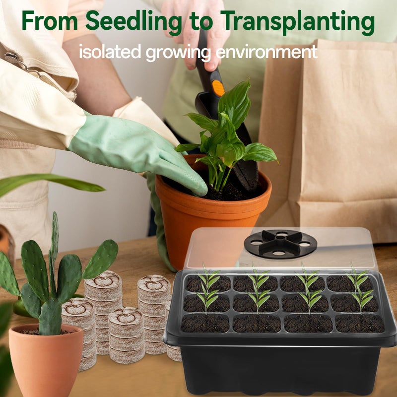 Halatool 4 Pack Seed Starter Tray with 50 PCS Peat Pellets, 48 Cells Black Seeding Starter Trays for Organic Seed Starter Soil Pods for Planting Vegetables Plants Flowers - Starting Seeds Kit - Image 4
