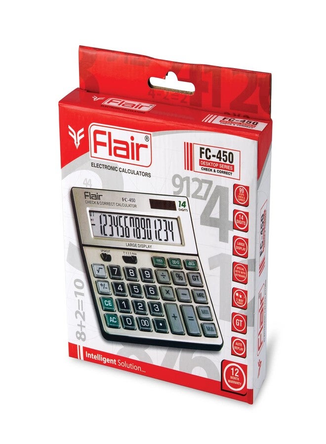 فلير آلة حاسبة أساسية من سلسلة Flair FC-450 المكتبية | آلة حاسبة بـ 14 رقمًا | مفاتيح خاصة مع واقي للمفاتيح | أفضل تصميم للمفاتيح | طاقة مزدوجة مع الطاقة الشمسية | إعادة تشغيل تلقائية | 99 خطوة للتحقق والتصحيح | رمادي، عبوة من قطعة واحدة - Image 3