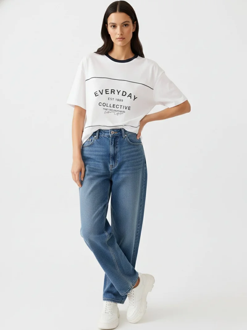 Outzidr white Navy Blue Oversized T-Shirt With Graphic And Cut & Sew Highlights for Women | Best Price UAE
