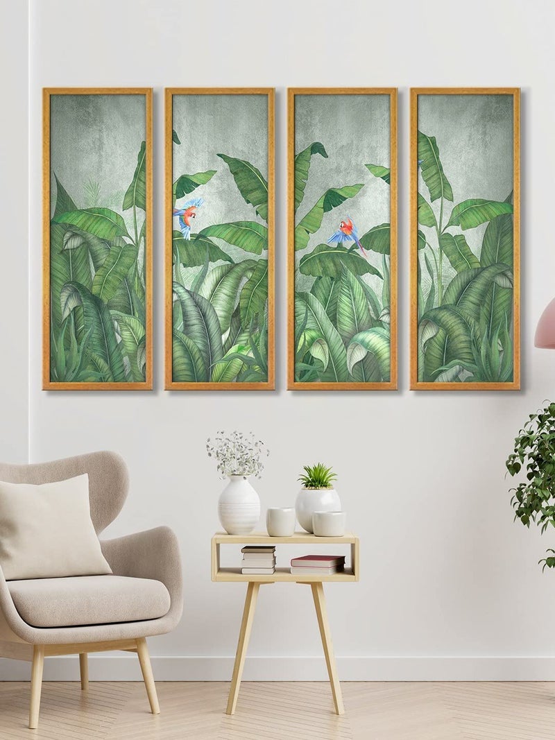 999STORE Framed Green Leaves Canvas Wall Painting Set Of 4 Panels Canvas Print 48X36 Inches Gold Goldenf65