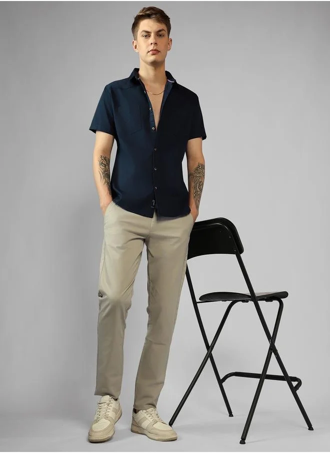 دينيس لينغو Regular Fit Navy Blue Cotton Casual Shirt