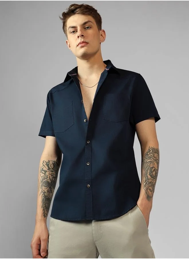 دينيس لينغو Regular Fit Navy Blue Cotton Casual Shirt