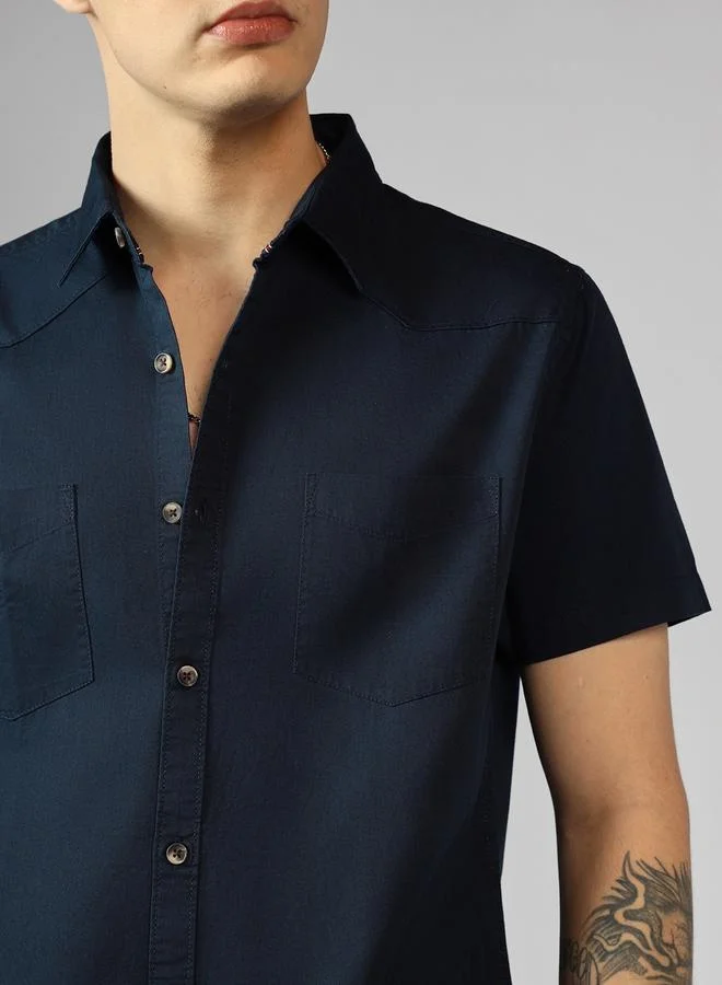 Dennis Lingo Regular Fit Navy Blue Cotton Casual Shirt