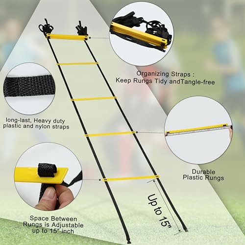 NKJIH 20ft Adjustable Agility Speed Ladder Training Ladder with Carry Bag - Soccer, Speed, Football Fitness Feet Training - Agility Training Equipment for Footwork Drills(Yellow) - Image 4