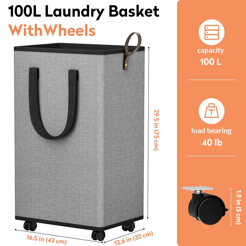 SpaceTrove Laundry Basket with Wheels, Collapsible Laundry Baskets, Laundry Hamper with Handles Detachable Wheels, Rolling Laundry Basket, Dirty Clothes Hamper for Bathroom, Dorm, Bedroom, Grey, 100L - Image 2