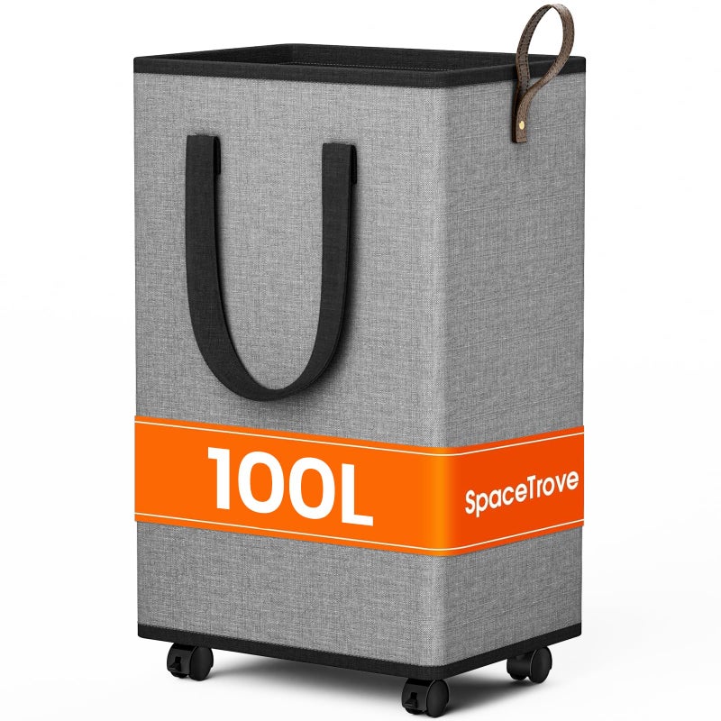 SpaceTrove Laundry Basket with Wheels, Collapsible Laundry Baskets, Laundry Hamper with Handles Detachable Wheels, Rolling Laundry Basket, Dirty Clothes Hamper for Bathroom, Dorm, Bedroom, Grey, 100L - Image 1