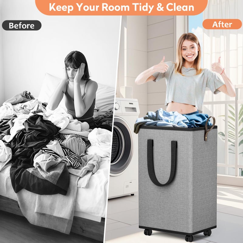 SpaceTrove Laundry Basket with Wheels, Collapsible Laundry Baskets, Laundry Hamper with Handles Detachable Wheels, Rolling Laundry Basket, Dirty Clothes Hamper for Bathroom, Dorm, Bedroom, Grey, 100L - Image 4