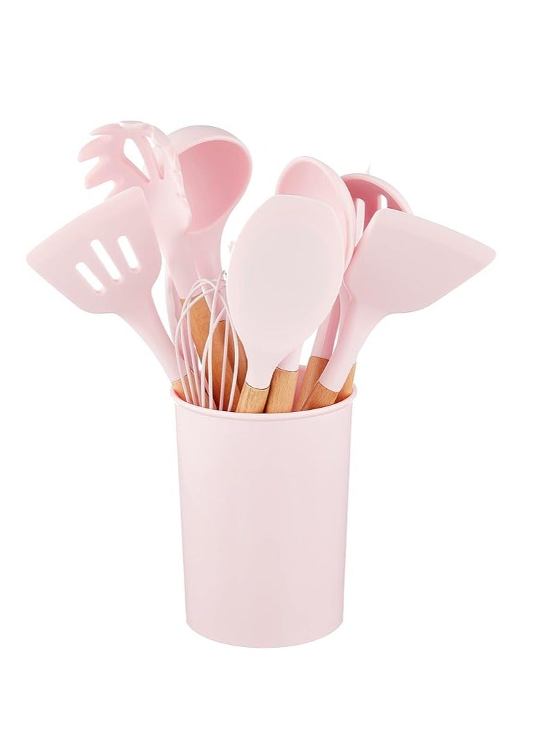 A set of silicone kitchen utensils with a heat-resistant, non-stick wooden handle, consisting of 11 pieces, with a special stand made of very safe, healthy silicone (pink)  - Image 4