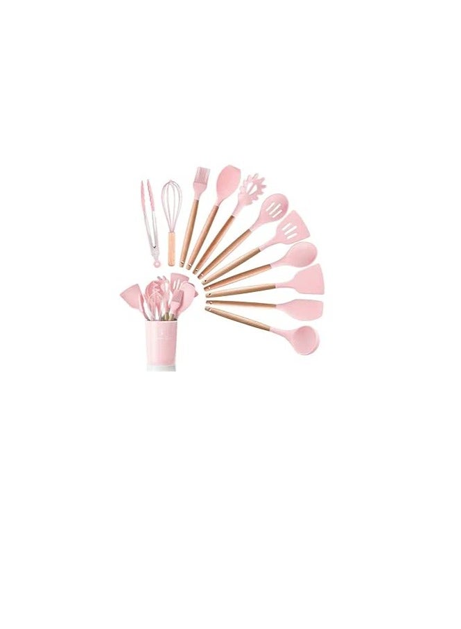A set of silicone kitchen utensils with a heat-resistant, non-stick wooden handle, consisting of 11 pieces, with a special stand made of very safe, healthy silicone (pink)  - Image 2