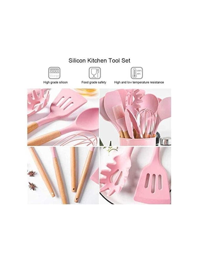 A set of silicone kitchen utensils with a heat-resistant, non-stick wooden handle, consisting of 11 pieces, with a special stand made of very safe, healthy silicone (pink)  - Image 3
