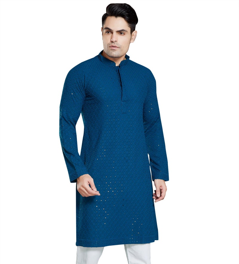 DIVISIVE Men's Sequince Embroidered Cotton Blend Only Slim Fit Kurta (DKRT17_XL_Teal) - Image 1