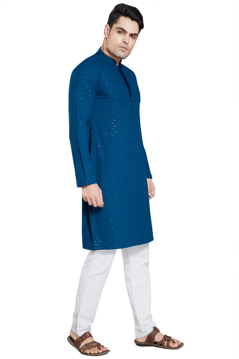 DIVISIVE Men's Sequince Embroidered Cotton Blend Only Slim Fit Kurta (DKRT17_XL_Teal) - Image 4