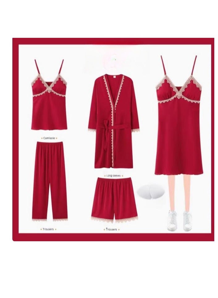 Pajama Women's Ice Silk Five Piece Set With High-End Feel And Chest Cushion Silk Home Suit Set - Image 1