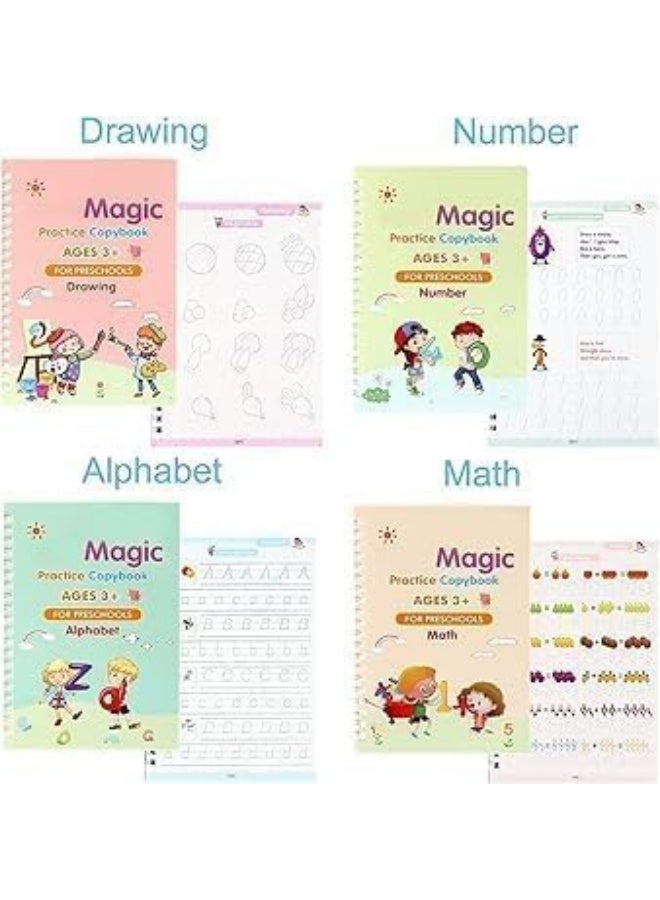 كتاب سحري، ٤ تمارين خط + ١٠ عبوات إضافية + حامل قلم + أداة مساعدة للكتابة، دفتر تمارين قابل لإعادة الاستخدام، مجموعة دفاتر تمارين للأطفال (خط، أرقام، رسم، حروف) (إنجليزي) - Image 2
