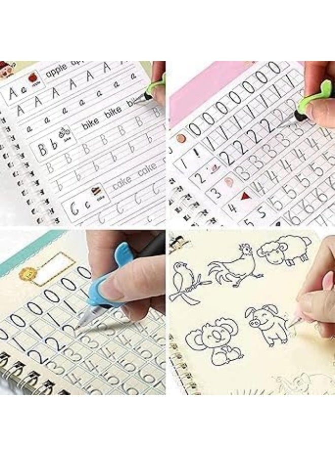 كتاب سحري، ٤ تمارين خط + ١٠ عبوات إضافية + حامل قلم + أداة مساعدة للكتابة، دفتر تمارين قابل لإعادة الاستخدام، مجموعة دفاتر تمارين للأطفال (خط، أرقام، رسم، حروف) (إنجليزي) - Image 3