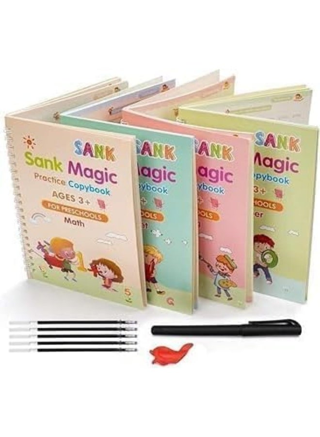 كتاب سحري، ٤ تمارين خط + ١٠ عبوات إضافية + حامل قلم + أداة مساعدة للكتابة، دفتر تمارين قابل لإعادة الاستخدام، مجموعة دفاتر تمارين للأطفال (خط، أرقام، رسم، حروف) (إنجليزي) - Image 1