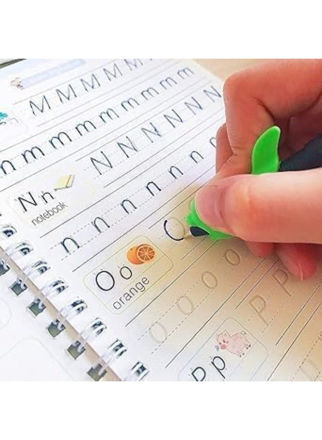كتاب سحري، ٤ تمارين خط + ١٠ عبوات إضافية + حامل قلم + أداة مساعدة للكتابة، دفتر تمارين قابل لإعادة الاستخدام، مجموعة دفاتر تمارين للأطفال (خط، أرقام، رسم، حروف) (إنجليزي) - Image 4