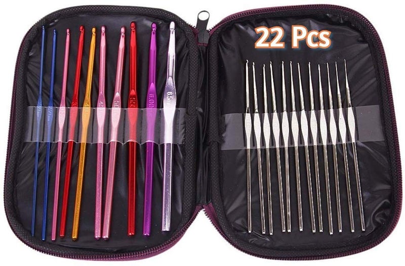 Sakrai Sakrai Aluminium Crochet Hooks Knitting Needles Set for Weaving Sewing Craft Sweater Woolen Yarn Weaving Tools Set of Case 22 Pcs in Multicolour