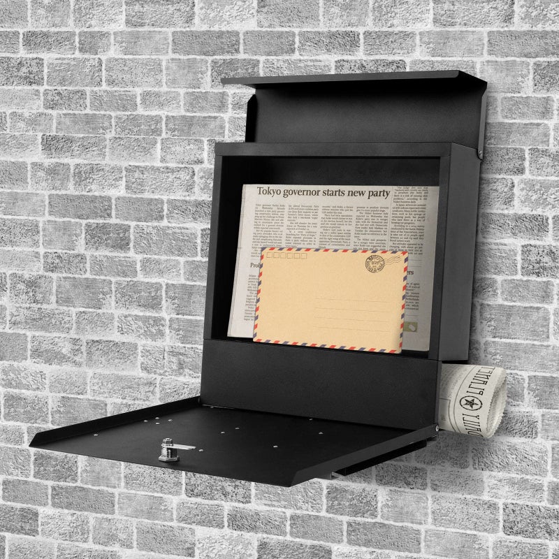 YOOBOX Wall-Mount Mailbox for House Outside, Security Key Drop Box with Lock and Keys, Steel Metal Mail Box with Newspaper Compartment, 14.57 x 14.57 x 4.33 Inch, Black, MD021 X-Large - Image 2