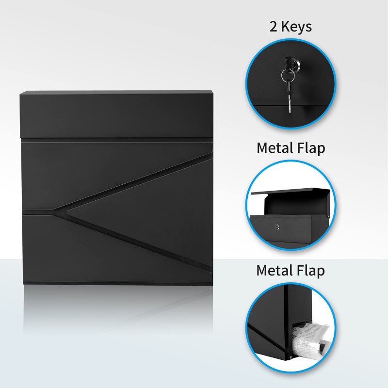 YOOBOX Wall-Mount Mailbox for House Outside, Security Key Drop Box with Lock and Keys, Steel Metal Mail Box with Newspaper Compartment, 14.57 x 14.57 x 4.33 Inch, Black, MD021 X-Large - Image 3